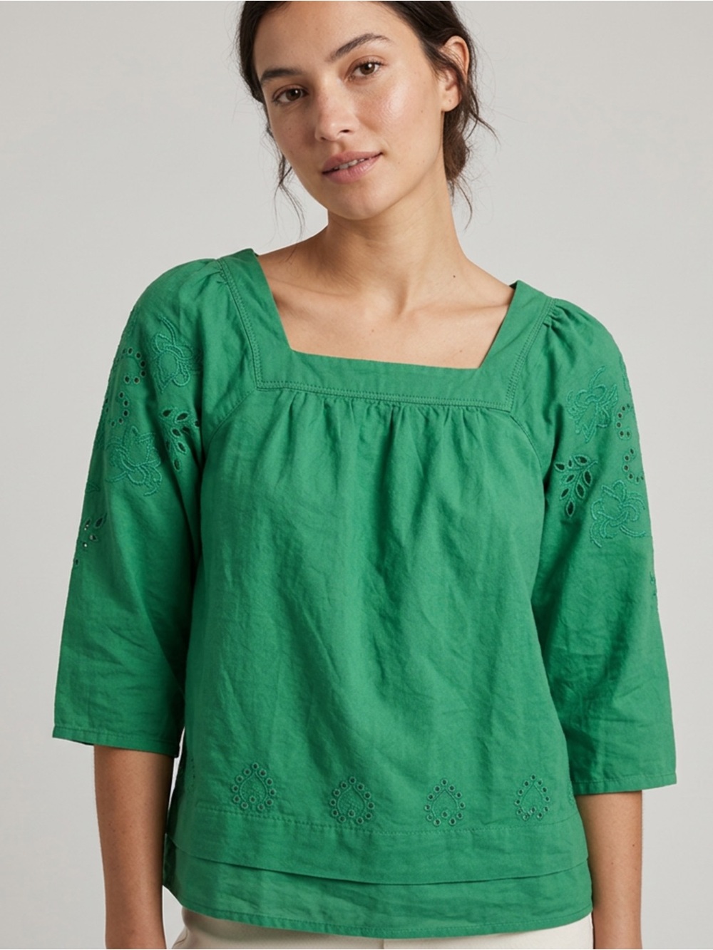 Soft Surroundings Emerald Square-Neck Eyelet Cotton Blouse